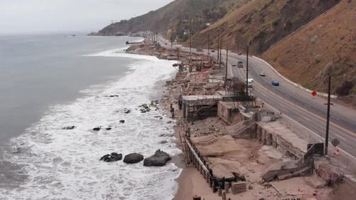 Burned Beachfront Homes Along Pacific Coast Highway after the Palisades Fire in Malibu, California