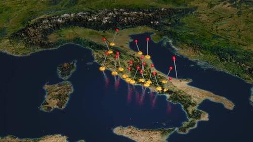 Animated Location Pins Connect on 3D Map of Italy