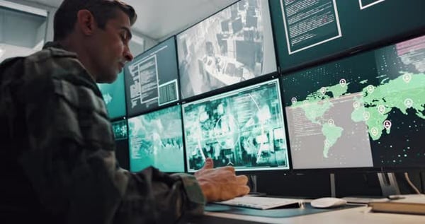 Soldier, man and computer screen for military safety, battle location ...