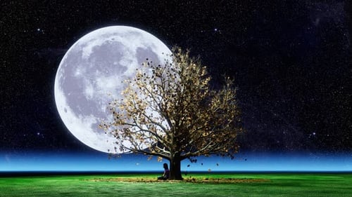 Serene Night Scene: Person Under Tree, Giant Moon, Falling Leaves