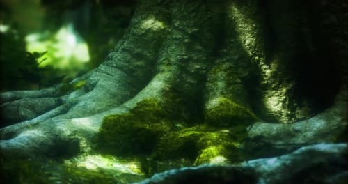 Moss Covered Tree Roots Basking in Soft Sunlight in a Serene Forest Setting