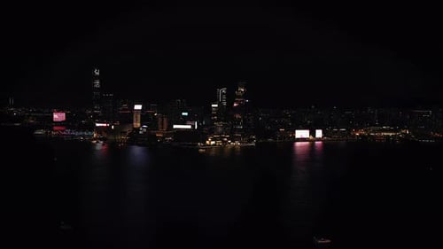 Hong Kong Aerial View Night City Skyline Illuminated Buildings
