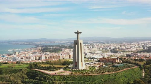 Panoramic Drone View Cristo Rei Statue in Almada