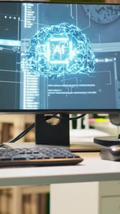 Vertical Video Close Up of Empty Tech Startup Office with Artificial Intelligence Programs