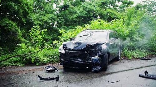 Ein kaputtes Auto nach einem Unfall, Rauch kommt unter dem