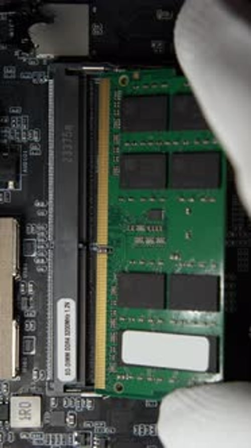 RAM DDR4 Sodimm Installation in PC with Connector on Motherboard Background