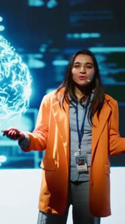 Vertical Video Tech Specialists Discussing During AI Keynote Summit Presentation