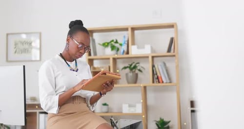 Business woman, tablet and thinking in office of ideas, insight and internet research