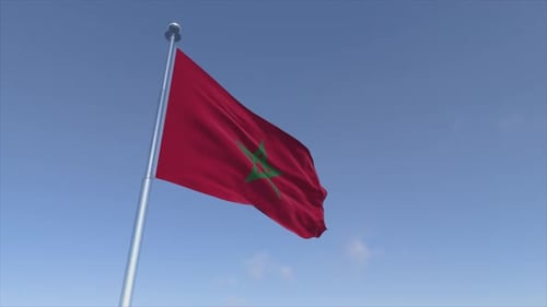 Waving Moroccan Flag on Pole Against Blue Sky Loop
