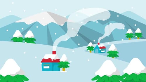 Cozy Winter Landscape Animation with Falling Snow and Smoke