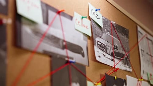 in the Detective's Office on the Light Wall There is a Large Cork Notice Board Thing Documents Photo