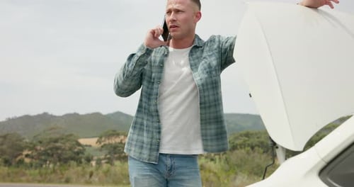 Frustrated man, phone call and car trouble for problem solving, communication