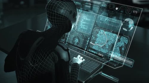 Wireframe-KI-Roboter analysiert Daten auf einem futuristischen Laptop mit holographischem Display