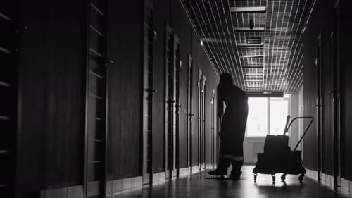 Silhouette d'un concierge nettoyant les sols