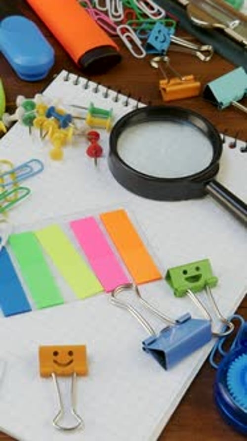 Overhead Flat Lay of Colorful Office Supplies