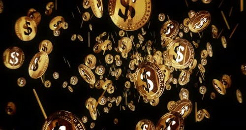 Dollar USD currency flying between golden coins loop