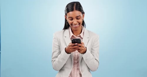 Phone, happy and businesswoman in studio typing a message on social media or mobile app