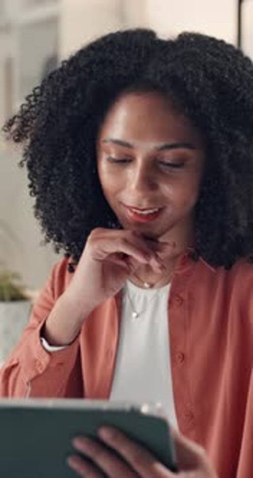 Business woman, tablet and reading in office for creative agency, editing and manuscript