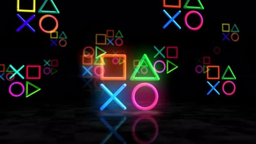 Íconos del joystick, símbolos Vídeo electrónicos, luces 3D de neón brillantes