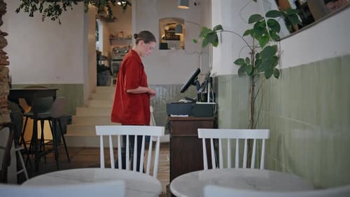 Woman Cleaning Table Restaurant Wearing Red Uniform Female Staff Tidying