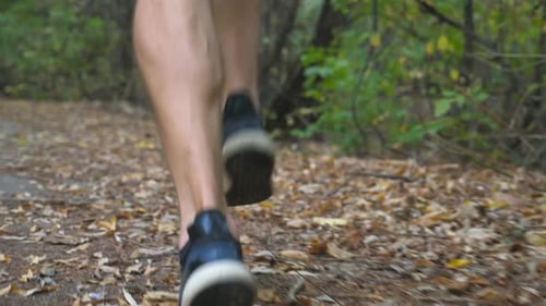 Male Feet of Young Athlete Running Along Trail in Early Autumn Forest