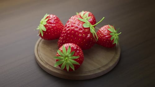 Looping animation around a composition of strawberry lying on a wooden board.