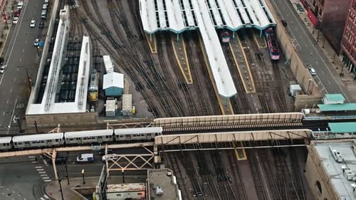 Aerial view of a CTA train in front of the Ogilvie Transportation Center in Chicago
