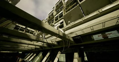 Sitio de construcción urbana que exhibe estructuras de concreto bajo un cielo nublado