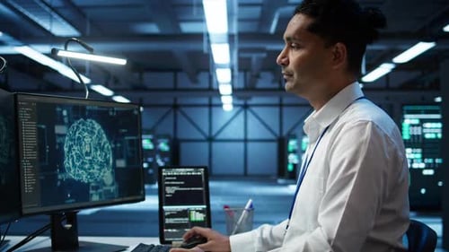 Teamworking Colleagues Inspect Data Center Used for Machine Learning