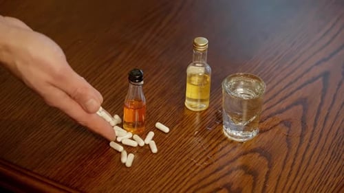 Pills, Small Bottles and Water on Wooden Table