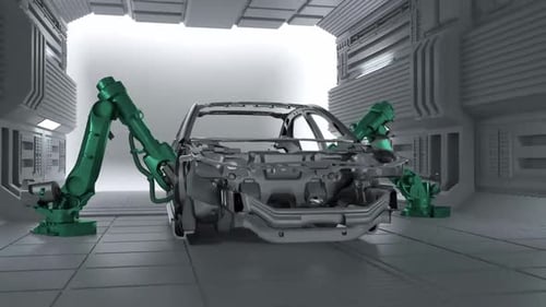 Automated Robot Arm Assembly Line Manufacturing High-Tech Green Energy Electric Vehicles