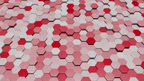 Hintergrund roter und weißer abstrakter Sechsecke, die sich in verschiedene Richtungen auf und ab bewegen, 3D-Rendering