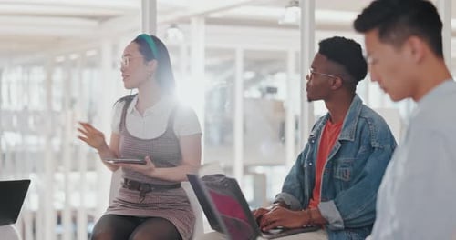 Startup meeting, tablet or digital agency people for collaboration, marketing KPI planning