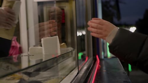 Chef making pita with roasted chicken meat on table - summer food market. Cooking, gastronomy