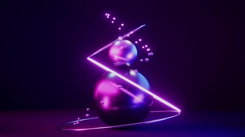 Abstract Seamless Loop Background with Endless Rotating Neon Toruses and Spheres