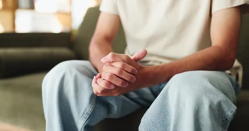 Stress, anxiety and hands in therapy office for mental health support, nervous