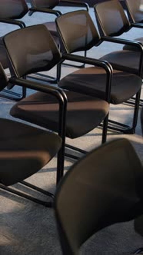 Corporate, empty and chairs in office for conference, workshop event and seminar