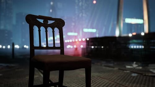 Abandoned Chair in Dark Neon Futuristic Cityscape
