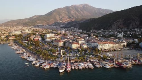 Awesome aerial view of Fethiye Marina at sunset, Turkey