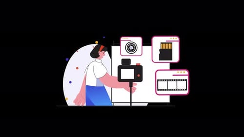 Illustration of a woman with a camera in a creative workspace