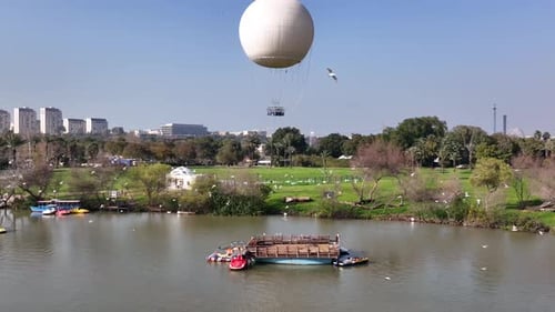 Aerial shot of a hot air balloon over Yarkon Park Tel Aviv, Israel