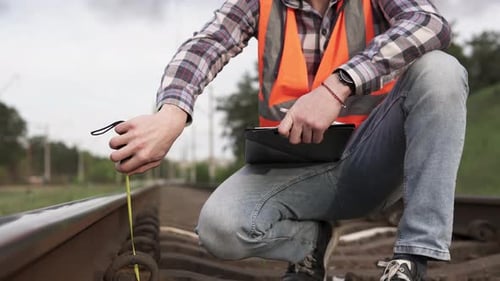 Railway engineer makes measurements of the railway track for reconstruction. Critical infrastructure