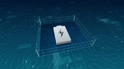 Digital Battery Charging Animation on Futuristic Circuit Board