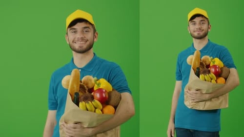 Green Screen Delivery Man Brings Paper Bag with Food
