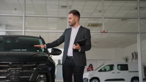 Professional Car Salesman Presenting New Automobile in Showroom