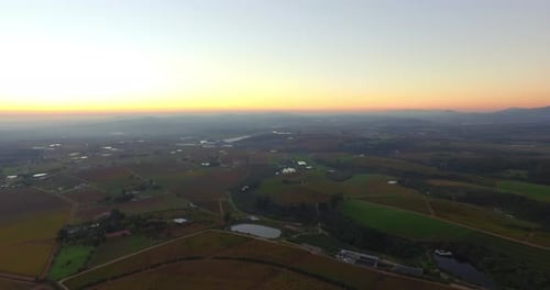 Aerial view, countryside and landscape of farm, nature and blue sky in Italy
