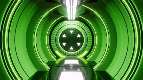 Seamless Loop Motion Graphic of Flying Into Scifi Spaceship Hallway Green Color