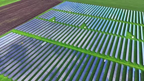 Solar panels in neat rows covering a green field in aerial view