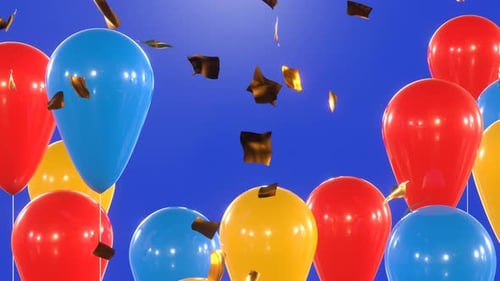 Flying Celebration Balloons With Golden Confetti Background