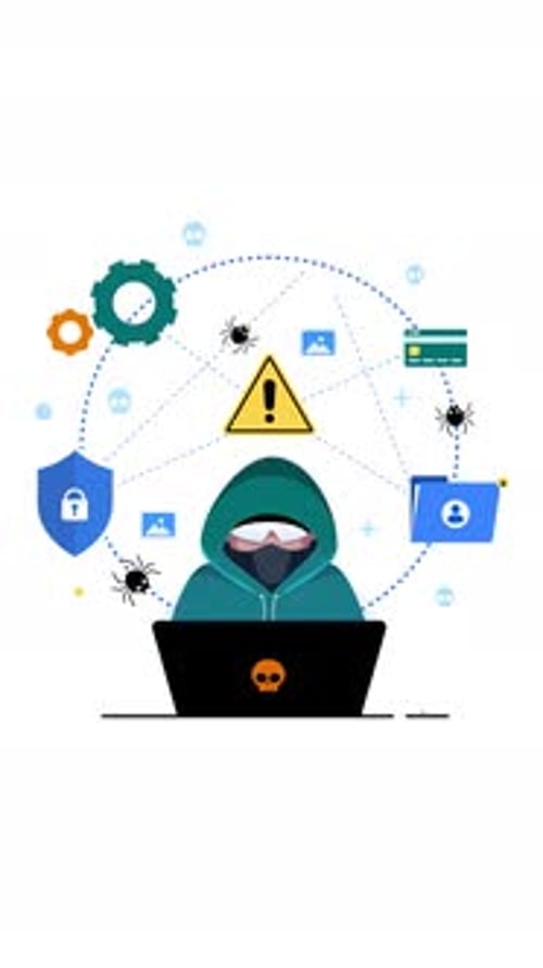Animated Hacker Illustration with Data Security Threat Icons